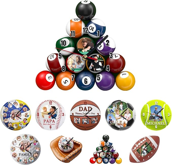 Custom Wall Clock, Personalized Clocks with Picture, Customized Silent Sports Ball Clock for Living Room Kids Bedroom, Birthday Billiards Style