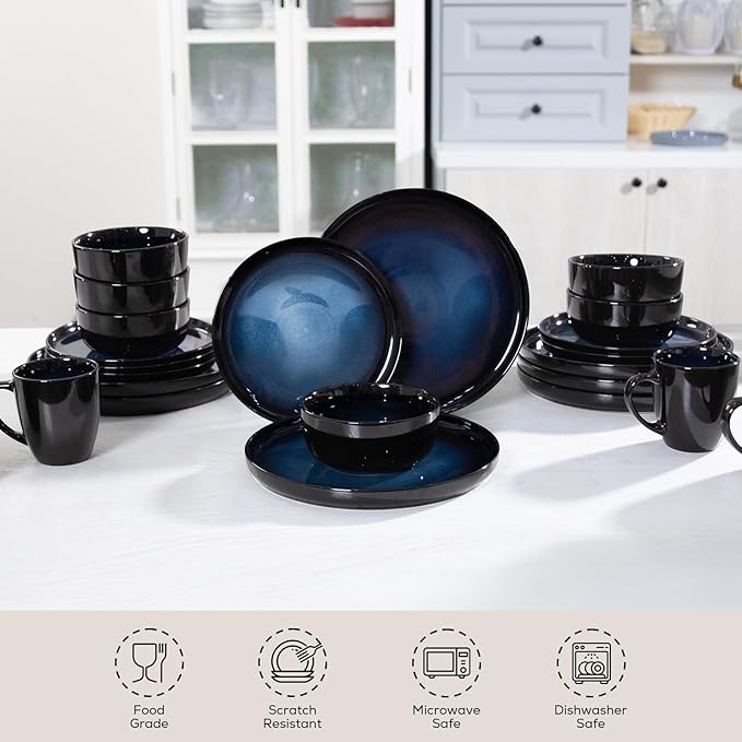 Romswi Dinnerware Set for 4, 16Pcs Stoneware Plates and Bowls Sets with Mugs, Chip & Scratch Resistant Dish Set, Handmade Reactive Glaze, Oven,Microwave and Dishwasher Safe, Dreamy Moonlight-Blue