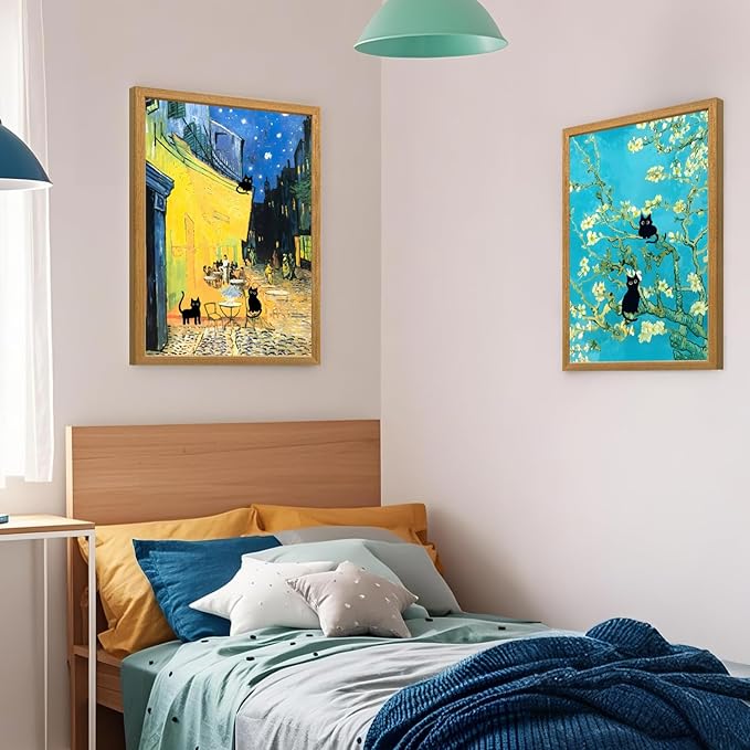 FASWQ Whimsical Black Cat Wall Art, Van Gogh Matisse Picasso Wall Decor, Funny Bathroom Canvas Paintings, Cute Animal Aesthetic Pictures for Living Room Kids' Room Wood Framed Ready to Hang 16"x24"x3