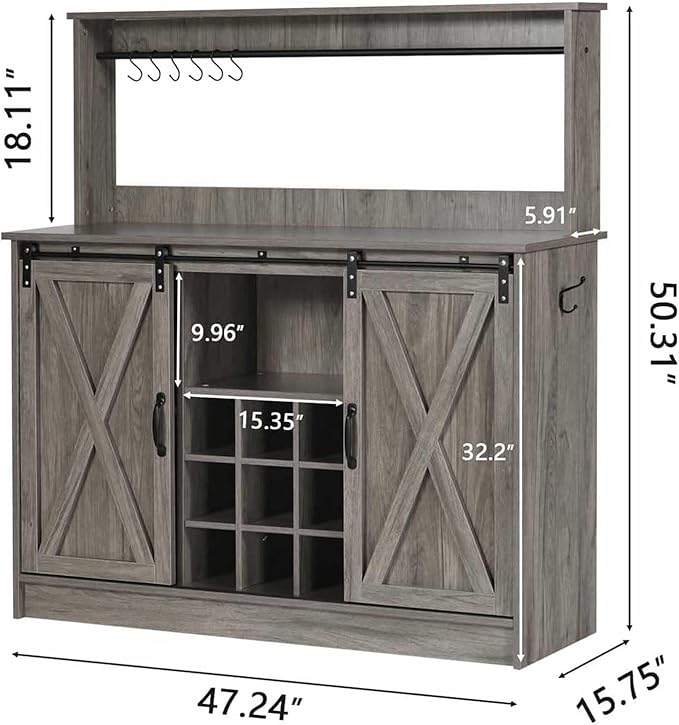 Farmhouse Coffee Bar Cabinet with 9 Wine Racks and 6 Hooks, 47 Inch Wine Bar with Storage, Buffet Cabinet Adjustable Shelves, Kitchen Buffet Cabinet for Dining Living Room, Grey Living Room, Grey