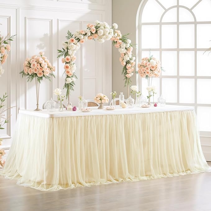 Suppromo Champagne Tulle Table Skirt for Birthday Party 6ft Champagne Tutu Table Cloths Desk Skirt for Wedding Reception Baby Shower Bridal Shower Dessert Cake Table Decorations