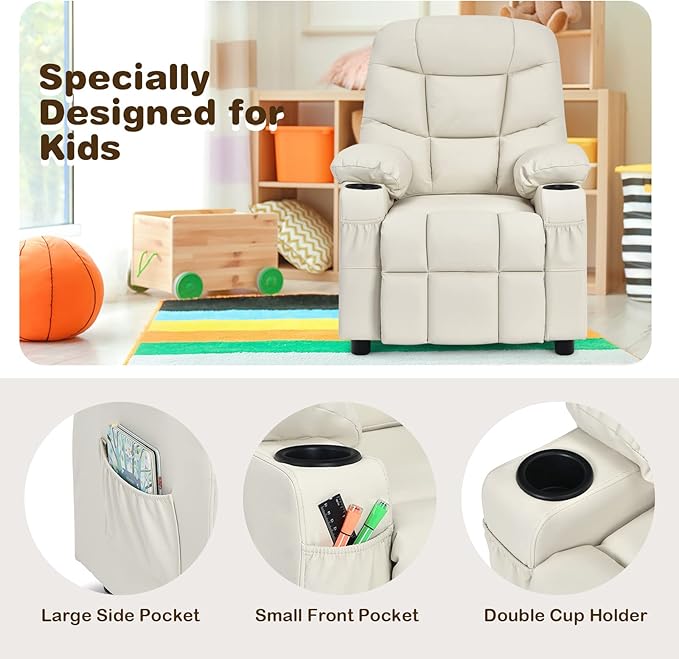 Kids Recliner, Kids Recliner Chair w/ 2 Cup Holders, PU Leather Kids Chairs Compy w/Adjustable Backrest & 3 Pockets, Toddler Furniture Sofa for Boys Girls Aged 3+ (Beige)