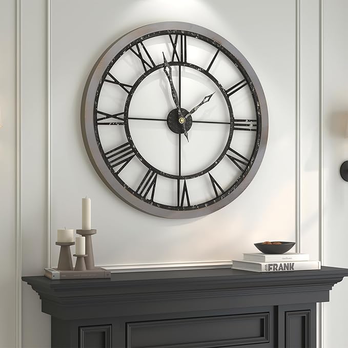 Extra Large Wall Clock 36 Inch, Wood Metal Decorative Wall Clocks for Living Room, Non-Ticking Silent Battery Operated Farmhouse Clock Roman Numerals for Kitchen, Study, Office