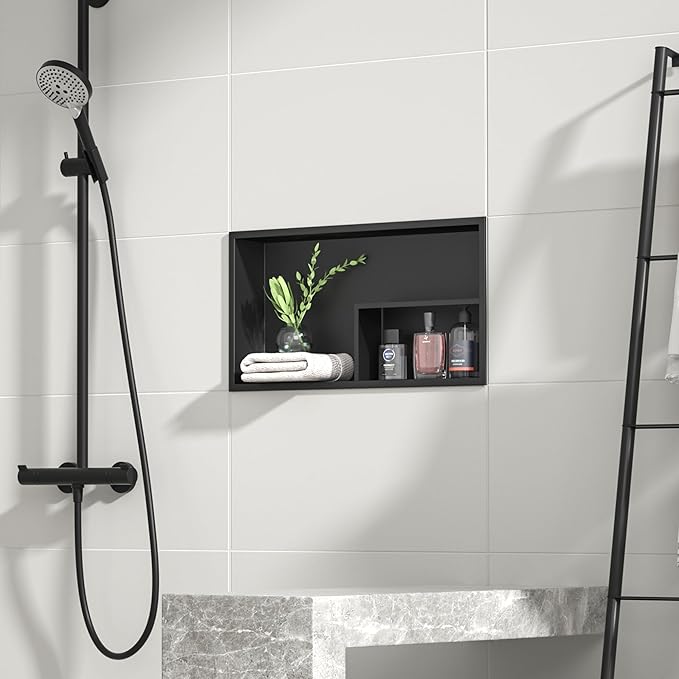 Stainless Steel Shower Niche 12"×24" Matte Black No Tiled Needed Horizontal Niche Shower for Bathroom Wall Recessed Shower Shelf
