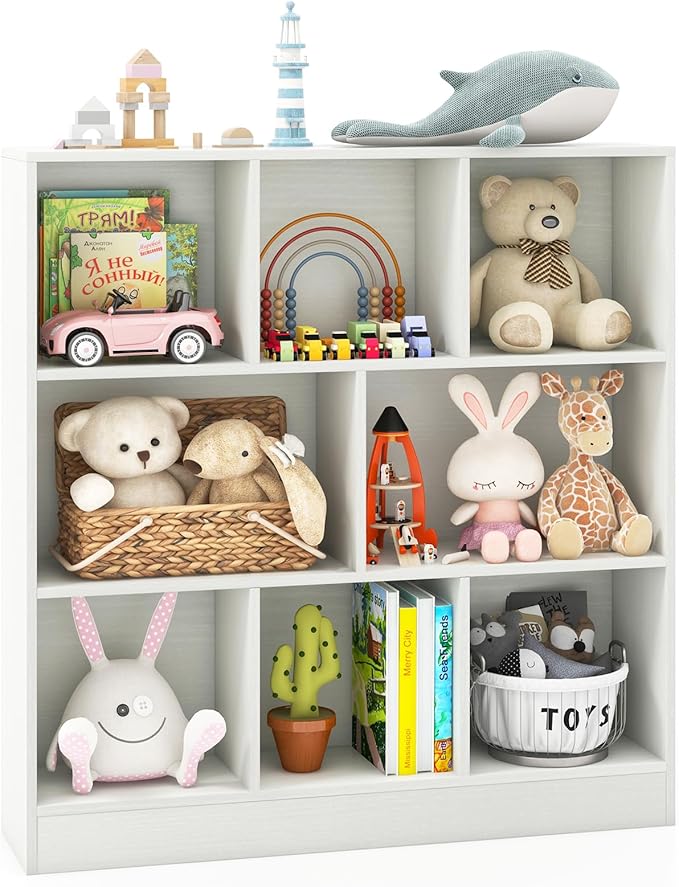 Costzon Wooden Toy Storage Organizer, 8-Cube Kids Bookshelf w/ 2 Anti-Toppling Kits, 3 Tier Open Shelves & Non-Slip Foot Pads, Book Shelf for Kids Rooms, Playroom, Classroom, Nursery (White)
