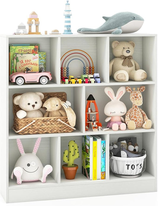 Costzon Wooden Toy Storage Organizer, 8-Cube Kids Bookshelf w/ 2 Anti-Toppling Kits, 3 Tier Open Shelves & Non-Slip Foot Pads, Book Shelf for Kids Rooms, Playroom, Classroom, Nursery (White)