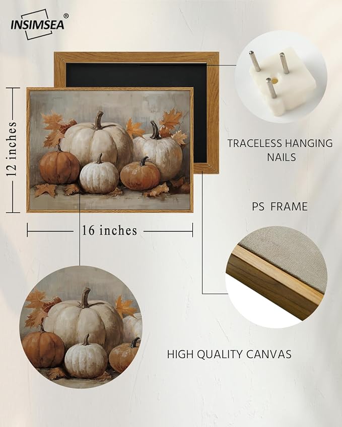InSimSea Framed Canvas Wall Art Vintage Decor, Fall Pumpkin Wall Decor for Living Room Bedroom Bathroom, Rustic Autumn Still Life Paintings Prints, Halloween Desk Decorations, 12x16inch
