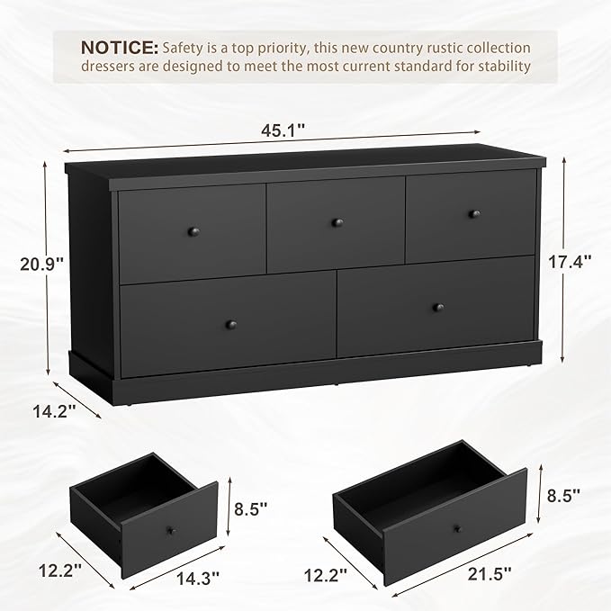 JUMMICO Dresser for Bedroom, Wide Chest of Drawers with 5 Wood Dresser Drawers, TV Stand, Modern Design for Bedroom, Living Room, Hallway, and Entryway (Black)