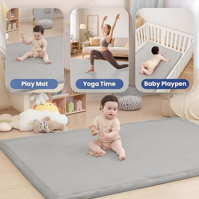 Baby Play Mat for Floor,1.3" Thick Elasti-Foam 74×50 Playpen Mat for Toddlers Infant Kids,Water-Repellent Soft Coral Velvet for Tummy Time, Non-Slip Backing for Crawling,Tatami Style(Light Grey)