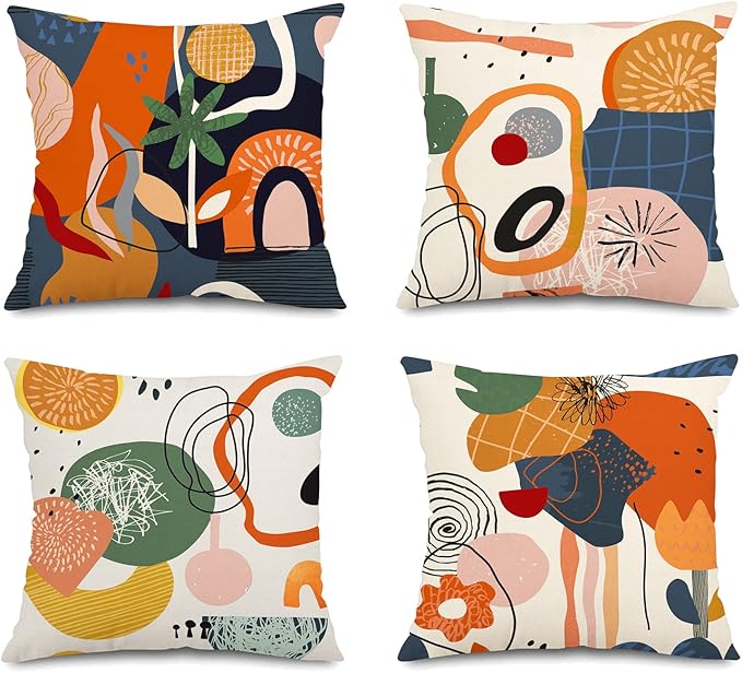 Jartinle Abstract Mid Century Modern Throw Pillow Covers 18x18 Colorful Boho Orange Aesthetic Floral Geometric Pillow Covers for Couch Outdoor Decor Set of 4