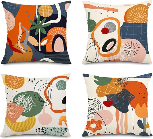 Jartinle Colorful Abstract Art Mid Century Modern Throw Pillow Covers 16x16 Fall Boho Floral Geometric Minimalist Pillow Covers for Couch Outdoor Décor Set of 4