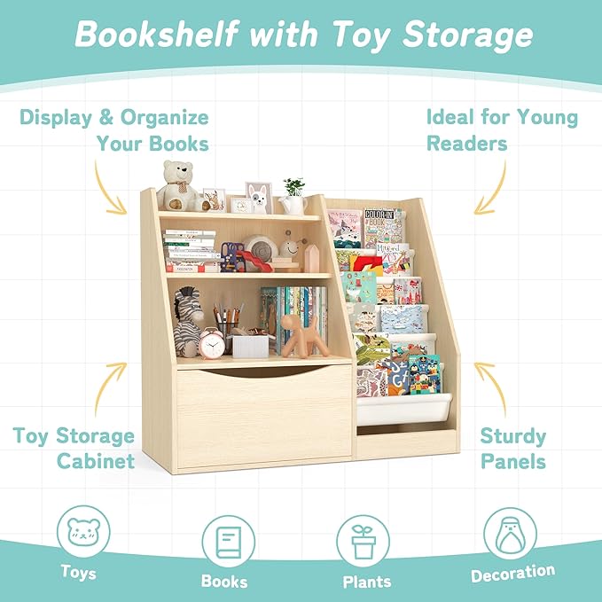 TOETOL 3 Tier Kids Bookshelf and Book Storage，6 Sling Toddler Bookshelf, Storage Boxes Book Shelf & Organizer for Nursery Playroom Classroom Library Bedroom Natural Wood