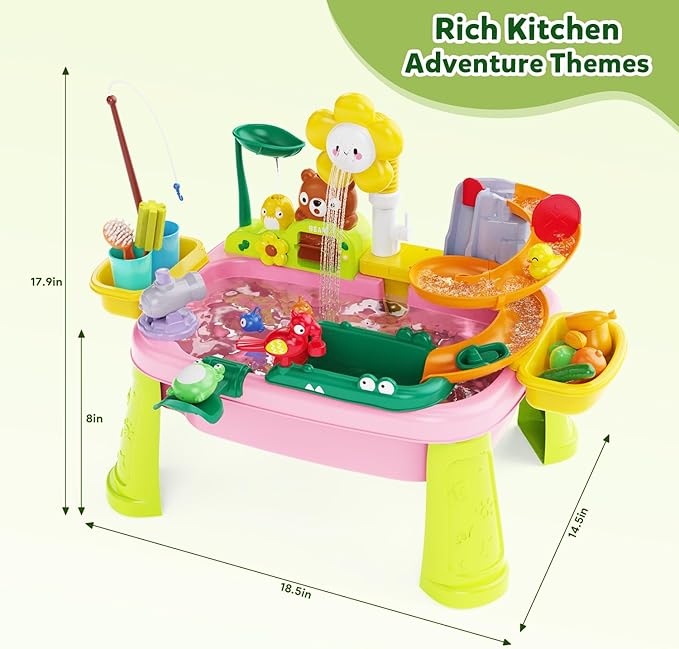 Toddler Water Table, Kids 4-8 Years Water Table with Pump, Sensory Table with Toy Vegetables, Dinnerware and Fishing Game, Outdoor Toys Summer Beach, for 3 4 5 6 7 8