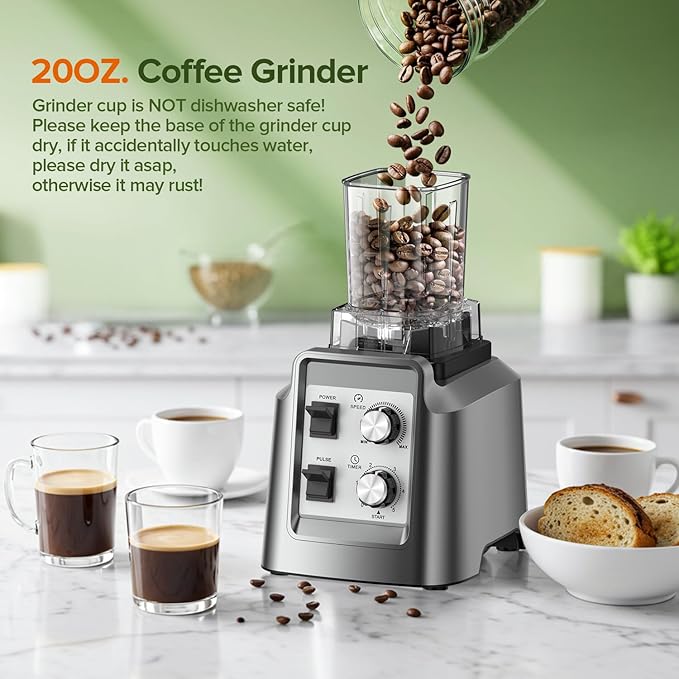 Blender for Smoothies, 2-in-1 Blender & Grinder Combo, Smoothie Maker, 68 Oz Pitcher, BPA-Free Countertop Blenders for Ice Crushing, Frozen Fruit, 1800 Watts