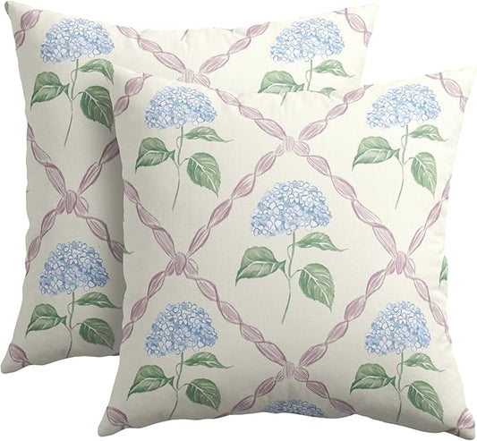 Kawani Hydrangea Pillow Covers 24x24 Inch Watercolor Blue and Pink Floral Outdoor Decorative Throw Pillows Set of 2 Rustic Elegant Flower Pillowcases Cushion Covers for Home Couch Decor