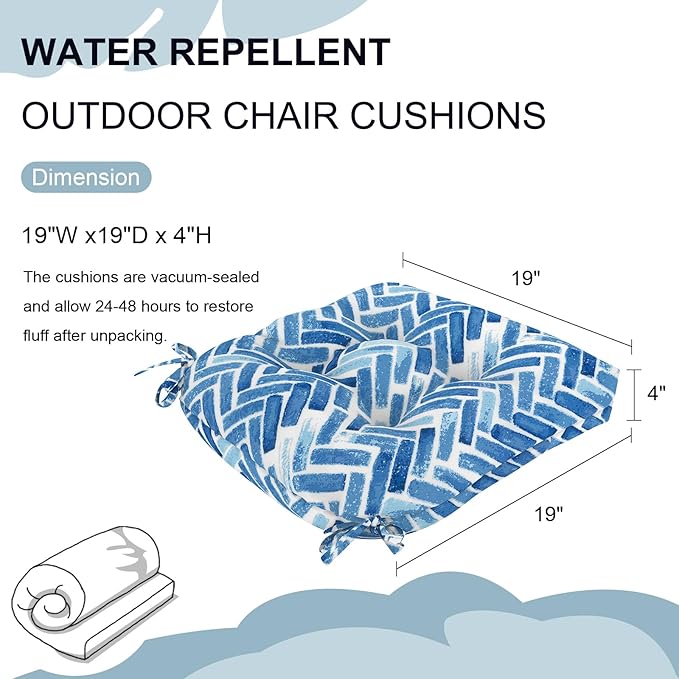 Set of 2 Outdoor Tufted Chair Cushions 19"x19"x4", Water Repellent Patio Seat Cushions with Ties, Replacement Chair Pads for Wicker Dining and Patio Furniture - Blue Bricks