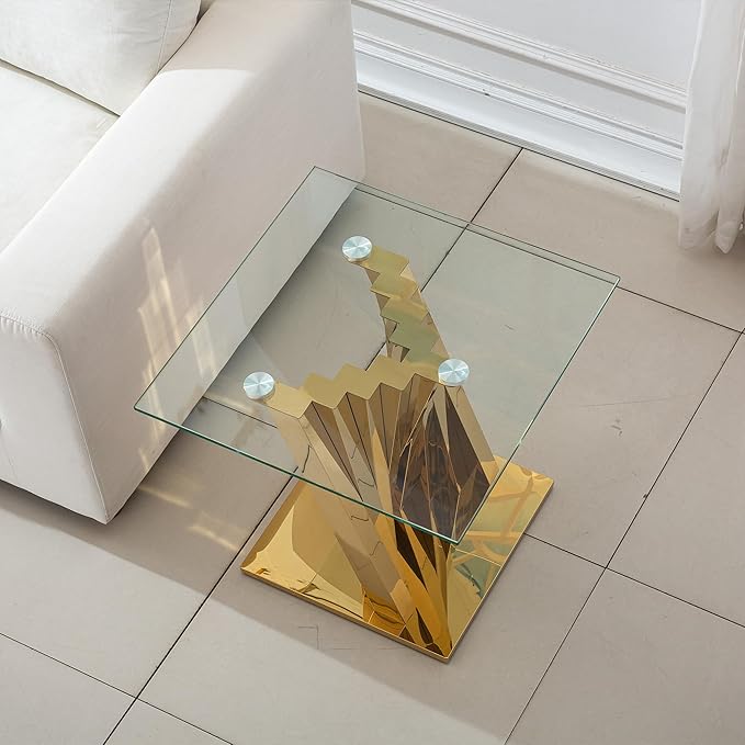Goujxcy Modern Glass End Table Gold Sofa Side Table with Tempered Glass Top and Mirror Finish Stainless Steel Legs, Luxury Square Sofa Side Table Bedside Table for Living Room Bedroom (Gold)
