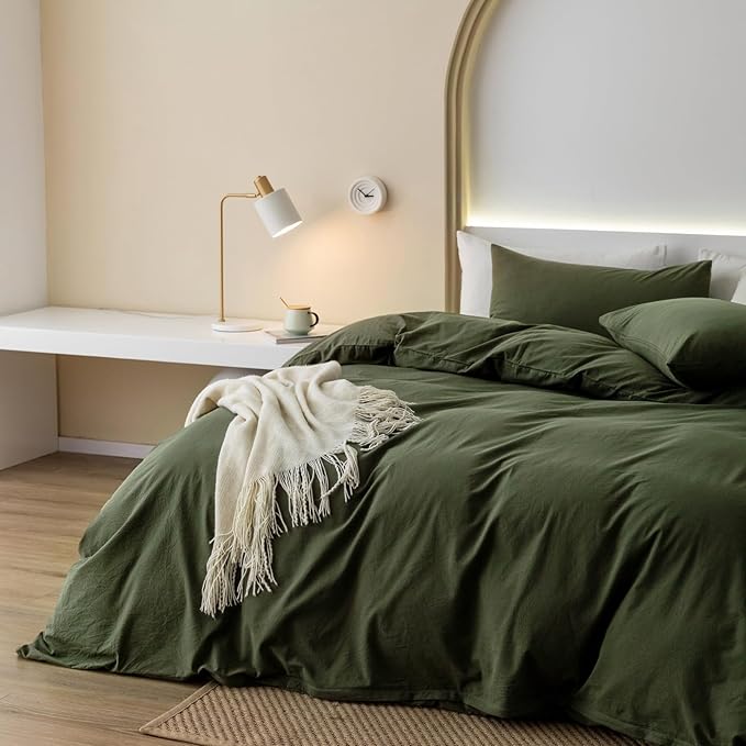 JIYUAN 100% Washed Cotton Duvet Cover Set 3 Pieces Super Queen, 1 Duvet Cover 90x98 Inches(Comforter Not Included) and 2 Pillowcases,Linen Feel Bedding Set Comfy and Breathable,Olive Green