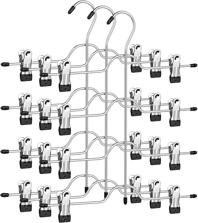 SONGMICS Pants Hangers, Set of 3, 4 Tiers Non-Slip Skirt Hangers, Space Saving Pants Organizers, for Closet, Silver and Black UCRI042BK