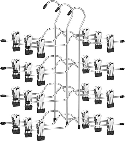 SONGMICS Pants Hangers, Set of 3, 4 Tiers Non-Slip Skirt Hangers, Space Saving Pants Organizers, for Closet, Silver and Black UCRI042BK