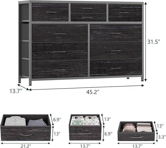 Jojoka Wide 10 Drawer Dresser,TV Stand Entertainment Center Fabric Storage Dressers Drawers for Bedroom, Hallway, Nursery, Closets, Steel Frame, Wood Top, Black Willow