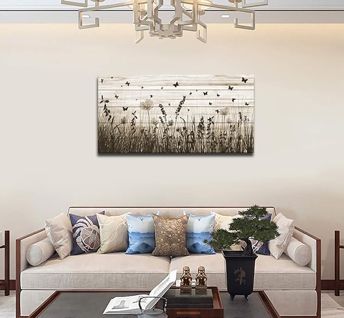 Wildflower Wall Art Autumn Canvas Picture Butterfly Grass Dandelion Artwork Vintage Wooden Board Painting Prints for Bedroom Living Room Office Home Kitchen Wall Decor Framed Ready to Hang 30" x 60"