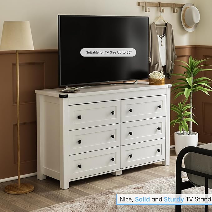 White Dresser for Bedroom with 6 Drawers, Modern Chest of Drawers, Wood Rustic Wide Storage Drawers Dressers Organizer for Closet, Living Room, Hallway