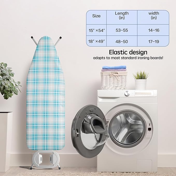 BNDX 15"x54" Ironing Board Cover – Aqua Plaid Design, Thick Padding with 2" Elastic Edge & Dual Buckles, Durable, Scorch & Stain Resistant