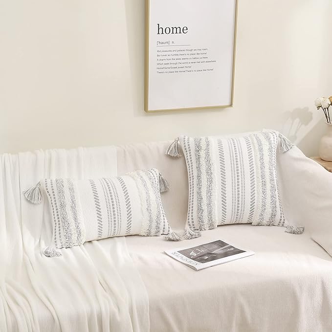 decorUhome Decorative Boho Throw Pillow Cover 12x20, Lumbar Accent Neutral Textured Tufted Pillow Cover Striped for Couch Bed Sofa, Grey and Cream White, Pack of 1