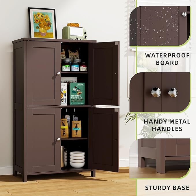 Vongrasig Bathroom Floor Storage Cabinet, Modern Storage Unit with 4 Doors and Adjustable Shelves, Freestanding Sideboard Cabinet for Bathroom, Kitchen, Living Room, Reddish Brown