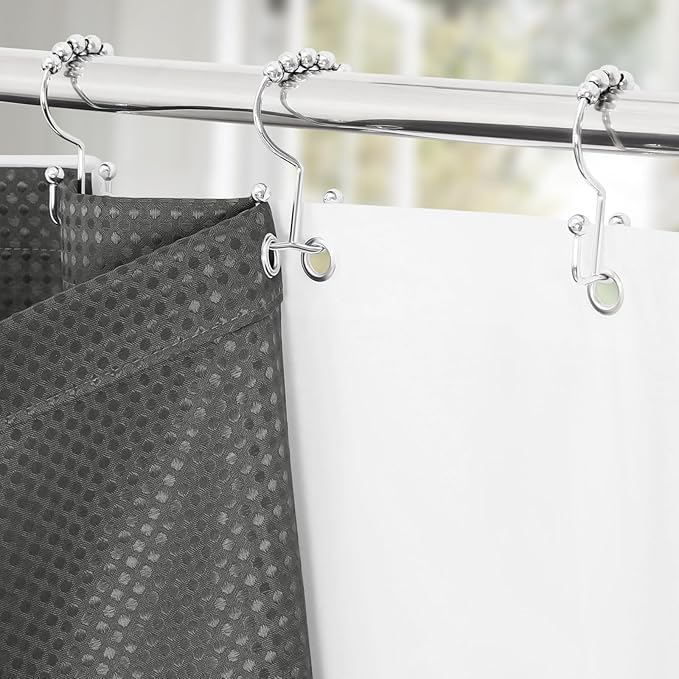3 in 1 Stall Half Size Charcoal Grey Shower Curtain Set-36 W x 72 H, Modern Waffle Waterproof Fabric and PEVA Liner Set with Stainless Steel Hooks