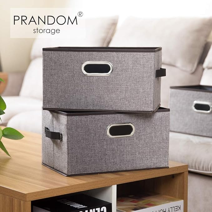 PRANDOM Fodable Storage Bins for Closet [3-Pack] Decorative Fabric Storage Baskets Cubes with Leather/Metal Handles for Shelves Bedroom Living Room Grey (11.5x8.5x6.7 Inch)