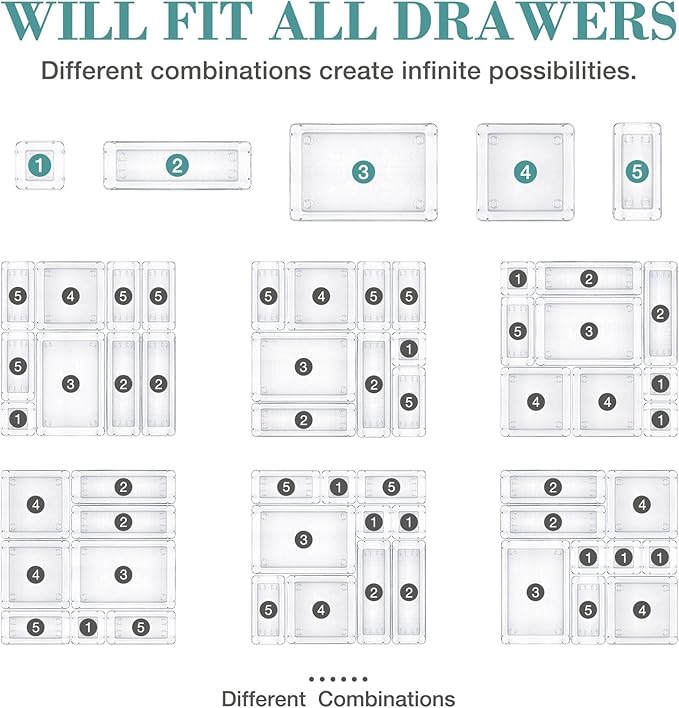 23 PCS Drawer Organizer Set, 5 Varied Size Bathroom and kitchen Drawer cabinet organizer Trays, Clear Storage Bins for Makeup, Jewelry, Utensils and Gadgets