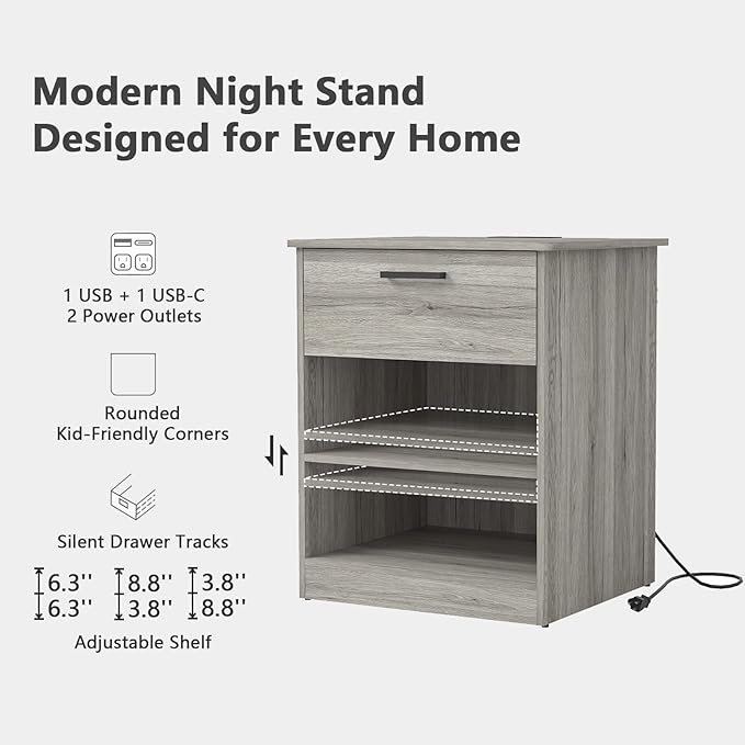 Night Stand with Charger Station, Modern Nightstand with USB Type-C Ports and AC Outlets, Large Bedside Table with Drawer and Open Storage, Wooden End Table for Bedroom (Grey, 1 Drawer)