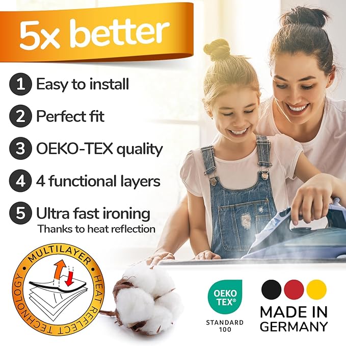 smart&gentle Turbo Ironing Board Cover with Padding - 50% Faster High Speed Heat Reflection - Made in Germany - 100% Cotton Top - Love&Liberty-Line 15x54
