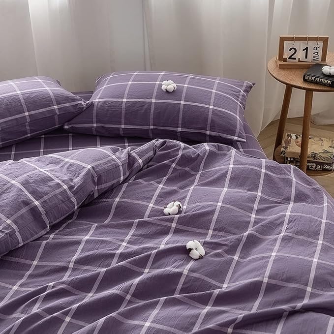 FACE TWO FACE Bedding Duvet Cover Set 3 Pieces 100% Washed Cotton Duvet Cover Linen Like Textured Breathable Durable Soft Comfy (King, Purple Grid)