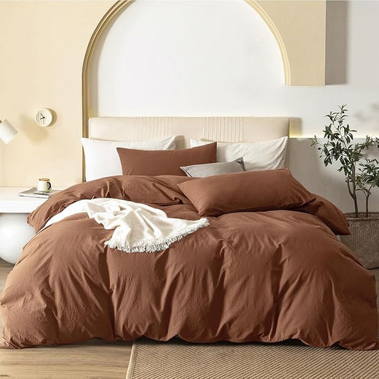 JIYUAN 100% Washed Cotton Duvet Cover Set 3 Pieces Full, 1 Duvet Cover 80x90 Inches(Comforter Not Included) and 2 Pillowcases,Linen Feel Bedding Set Comfy and Breathable,Burnt Orange
