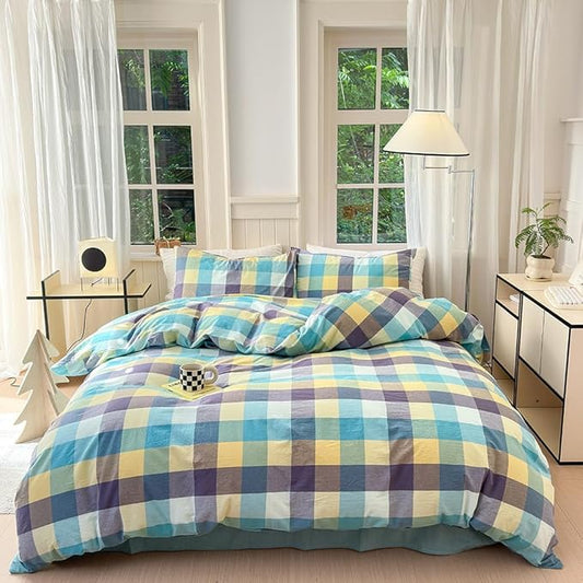 FACE TWO FACE Bedding Duvet Cover Set100% Washed Cotton Duvet Cover Linen Like Textured Breathable Durable Soft Comfy (California King, Yunxi Blue)