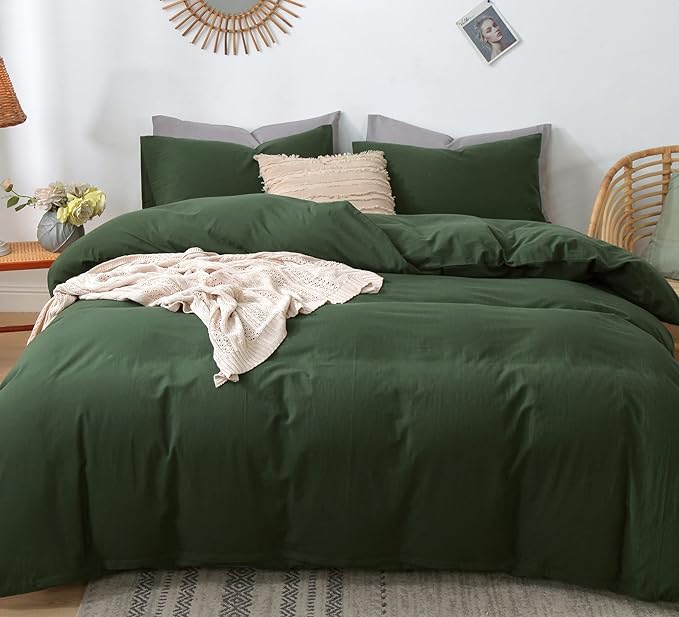 MooMee Bedding Duvet Cover Set 100% Washed Cotton Linen Like Textured Breathable Durable Soft Comfy (Solid Forest Green, Palatial King/Oversized King 120"x98")
