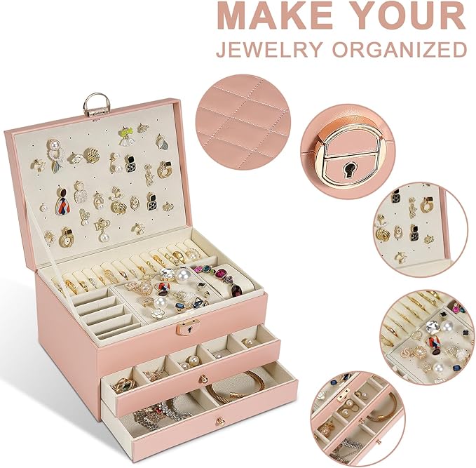 3-Layer Jewelry Box for Women, Jewelry Organizers and Storage with Removable Jewelry Tray, Vintage Quilted Top Lockable Jewelry Holder Gift Idea Pink