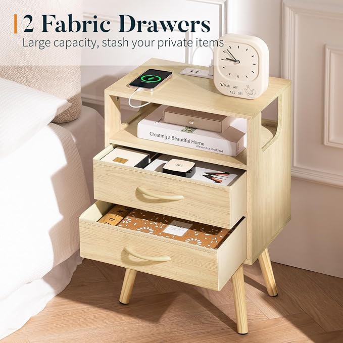 Yoobure LED Night Stand with Charger Station, Mid Century Modern Nightstand with Fabric Drawers, Bedside Table Nightstands with Storage Shelf, Bed Side Table Small Night Stands for Bedroom Living Room