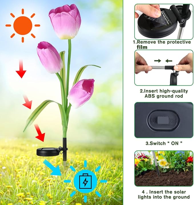 Veesee Solar Garden Outdoor Flower Light, Powered Stake for Decorative Landscape Lawn Yard Patio LED Lighting (Tulip-Purple, 2Pack)