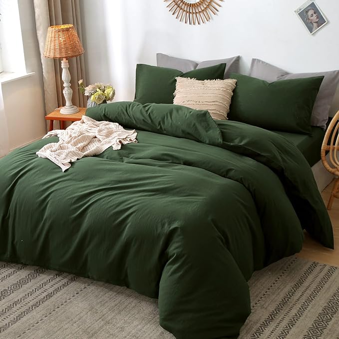 MooMee Bedding Duvet Cover Set 100% Washed Cotton Linen Like Textured Breathable Durable Soft Comfy (Solid Forest Green, Super Queen 90"x98")