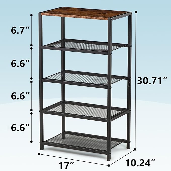 Metal 5 Tier Shoe Rack for Front Door Entrance, Entryway, and Closet Shoe Organizer with 4 Sturdy Metal Mesh Shelves and Wooden Top, Holds 10 Pairs, Ideal for Storage or Display
