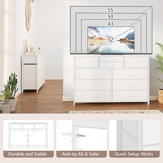 Jojoka Wide 10 Drawer Dresser,TV Stand Entertainment Center Fabric Storage Dressers Drawers for Bedroom, Hallway, Nursery, Closets, Steel Frame, Wood Top, White_1