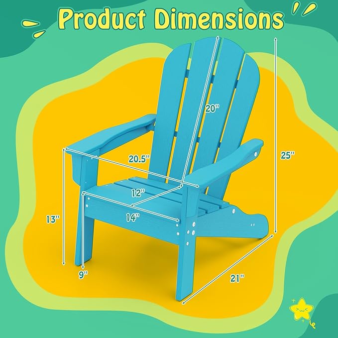 Giantex HDPE Kids Adirondack Chair - All-Weather Lawn Toddler Chair with Ergonomic Design, Children’s Outdoor Chair for Toddlers Ages 3-8, Kid’s Patio Furniture for Deck, Garden (4, Turquoise)