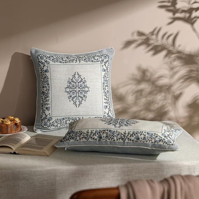 Design Linen Square Throw Pillow Covers 18"x18" Pack of 2, Cottage Farmhouse Cushion Covers with Blue Grey Thorn Vine Pattern Decoration Pillowcases for Bed, Living Room, Outdoor, Car
