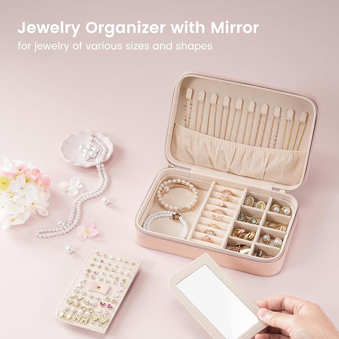 Lolalet Travel Jewelry Case for Women, Travel Jewelry Organizer Box with Mirror & Clear Storage Bag, Small Portable Traveling Earring Necklace Bracelet Ring Case, Bridesmaid Gifts -Medium, Pink
