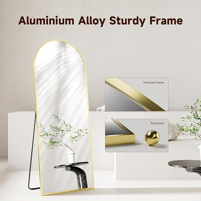 Arched Full Length Mirror 71"x28", Gold Tempered Glass Wall Hanging Mounted Body Length Mirrors with Stand, Large Floor Aluminum Alloy Thin Frame