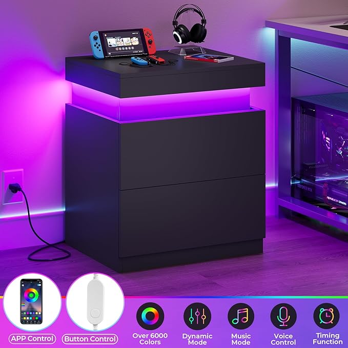 ADORNEVE Black Nightstand Set of 2,Night Stand with Charging Station & LED Light & Sliding Top,Bedside Table with Drawers,Modern Bed Side Tables Bedroom